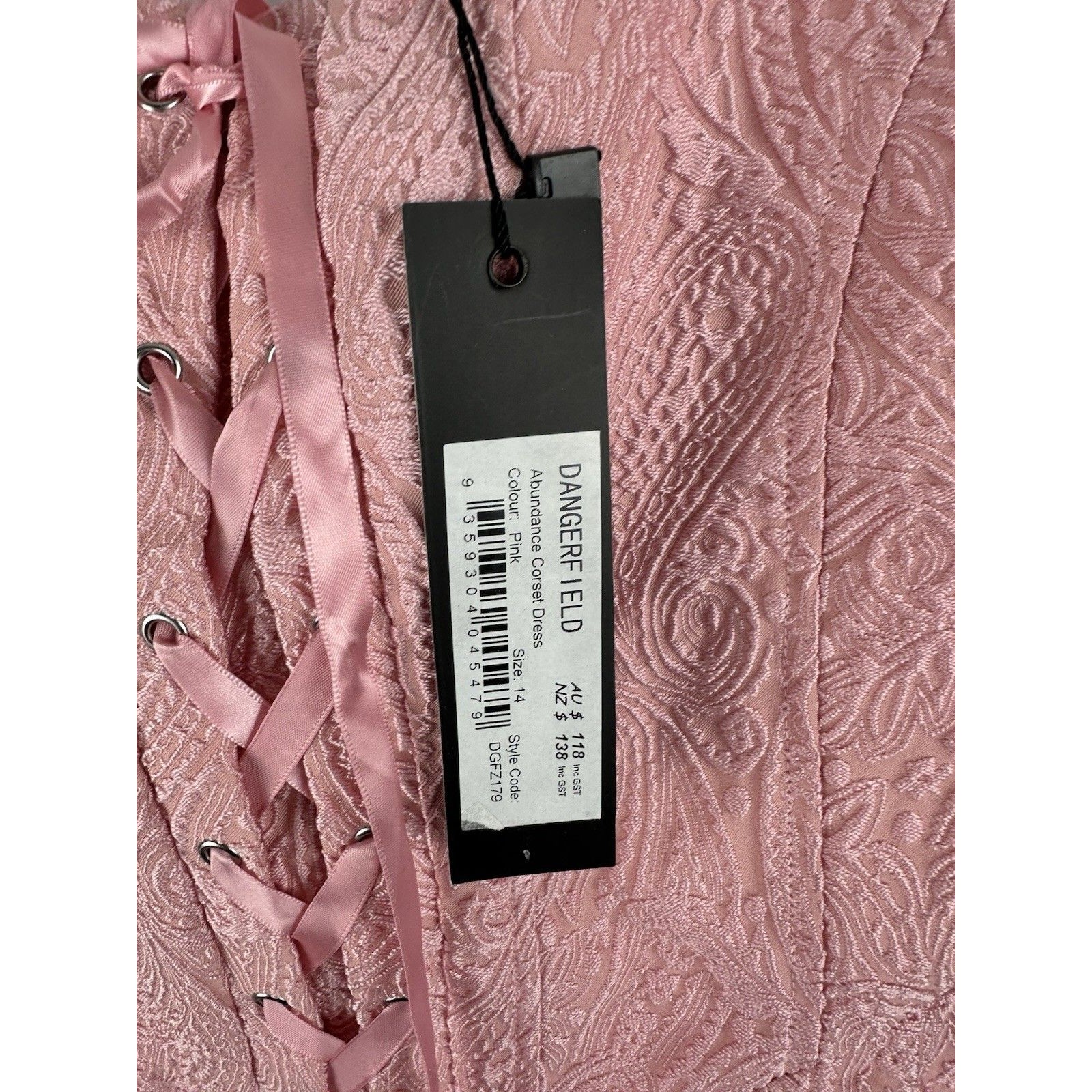 Dangerfield Nwt Abundance Corset Dress Pink Jacquard Size 14 Lace-Up — image 3 of 7